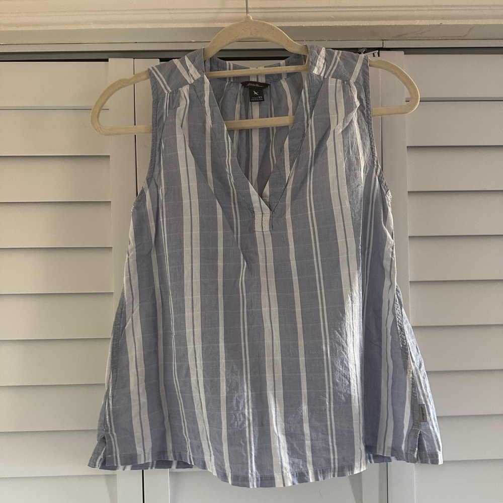Eddie Bauer Blue and White Vertical Stripe V-Neck Cotton Tank